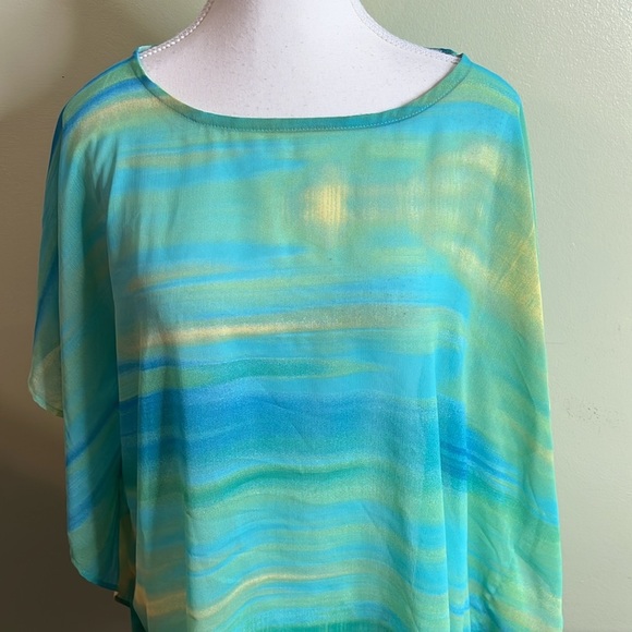 Chico's Vibrant Blue and Yellow Poncho top, semi sheer, size small/ medium - Picture 3 of 14